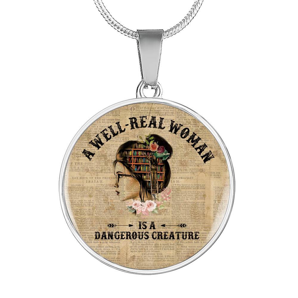 Vintage a Well-Read Woman Is a Dangerous Creature Book Lover Circle Pendant Necklace - Circle Luxury Necklace (Silver)