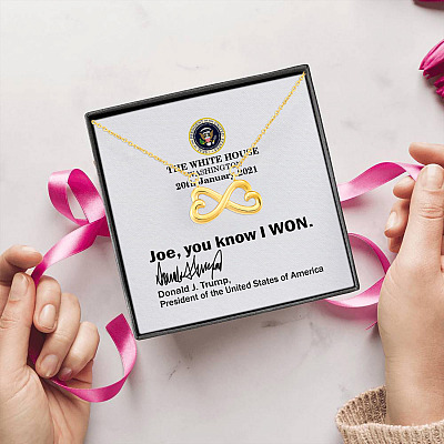 Alternative view of Joe You Know I Won Funny Trump White House Note 2021 Infinity Heart Pendant Necklace