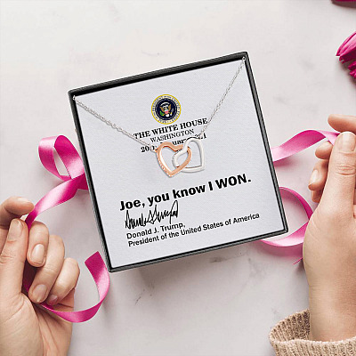 Alternative view of Joe You Know I Won Funny Trump White House Note 2021 Joined Interlocking Hearts Pendant Necklace