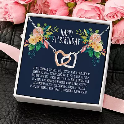 Happy 21st Birthday Your Future Will Be Bright Interlocking Hearts Pendant Necklace