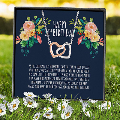 Alternative view of Happy 21st Birthday Your Future Will Be Bright Interlocking Hearts Pendant Necklace