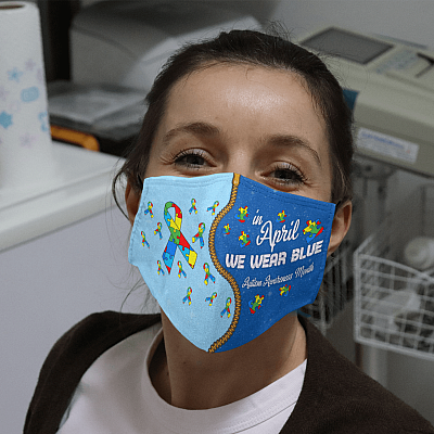 Alternative view of In April We Wear Blue Autism Awareness Month Washable Reusable Custom Printed Cloth Face Mask Cover