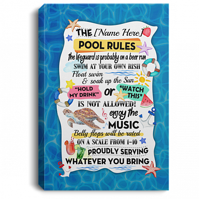 The Pool Rules Sea Turtle Personalized Canvas, White, 0.75'' Framed Canvas