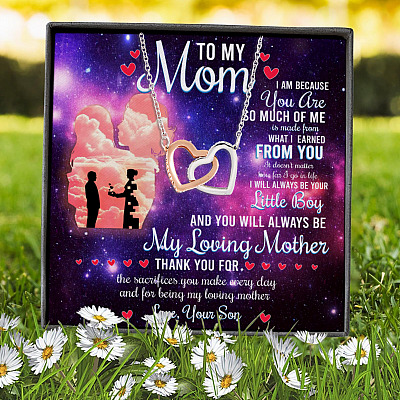 To My Mom I Am Because You Are So Much Of Me From Son Boy Quotes Interlocking Hearts Message Card Necklace