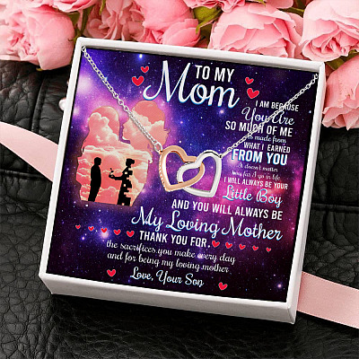 Alternative view of To My Mom I Am Because You Are So Much Of Me From Son Boy Quotes Interlocking Hearts Message Card Necklace