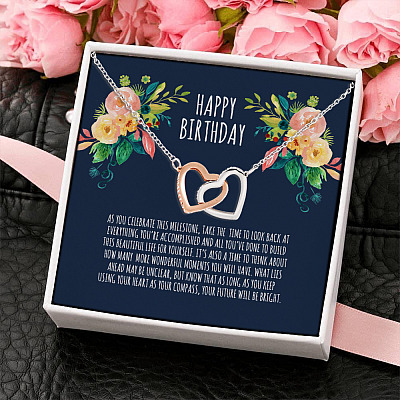 Happy Birthday To You Your Future Will Be Bright Interlocking Hearts Pendant Necklace