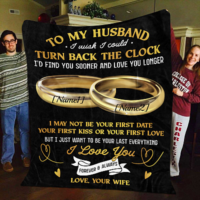Alternative view of Personalized Couple Rings To My Husband I Wish I Could Turn Back The Clock Fleece Blanket