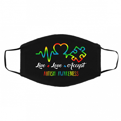 Heartbeat Puzzle Live Love Accept Autism Awareness Washable Reusable Custom Printed Cloth Face Mask Cover, White, Cloth Face Cover – Medium/Large