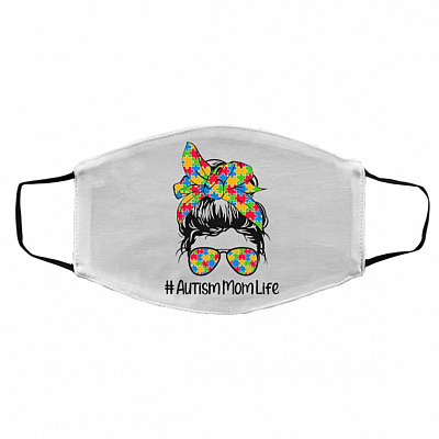 Autism Mom Life, White, Cloth Face Cover – Medium/Large