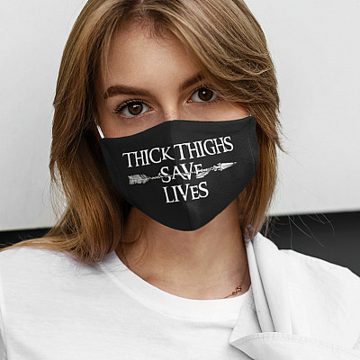 Alternative view of Thick Thighs Save Lifes Washable Reusable Custom Printed Cloth Face Mask Cover
