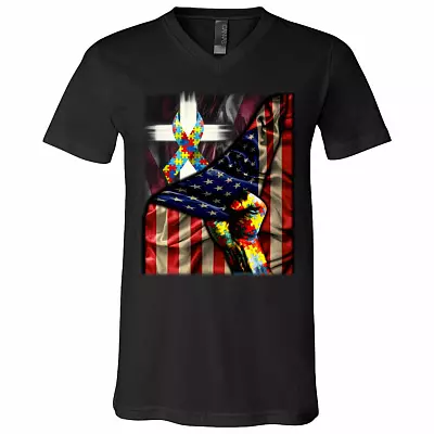 Distressed American Flag, Black, V-Neck T-Shirt