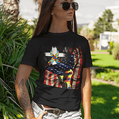 Alternative view of Distressed American Flag Autism Awareness T-Shirt - V-Neck Tee - Youth Tee