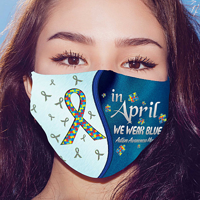 Alternative view of In April We Wear Blue Washable Reusable Custom Printed Cloth Face Mask