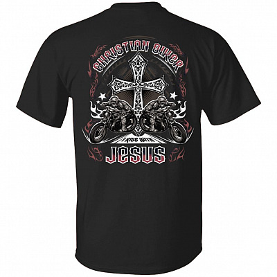 Christian Motorcycle Biker I Ride With Jesus Faith Shirt - Print On Back T Shirt, Black, Unisex T-Shirt
