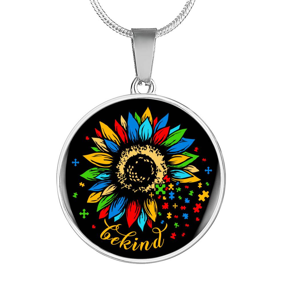 In a World Where You Can-be Any-thing Be-kind Sunflower Autism Awareness Circle Pendant Necklace - Circle Luxury Necklace (Silver)