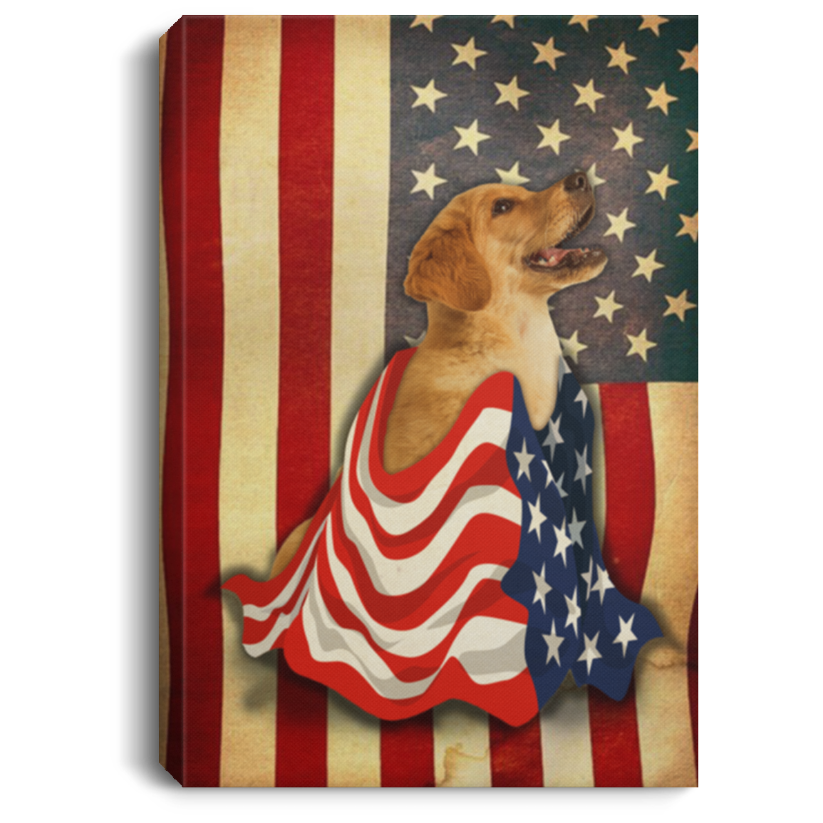 Golden Retriever with American Flag Vintage Gallery Wrapped Framed Canvas Prints - Unframed Poster - Home Decor Wall Art, White, 0.75'' Framed Canvas