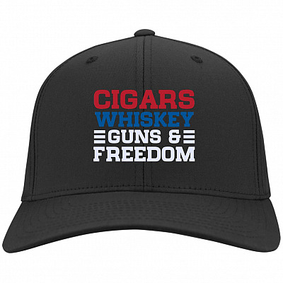 Cigar Whiskey Guns and Freedom American Patriotic Twill Cap - High-Profile Snapback Hat - Trucker Hat, Black, Twill Cap