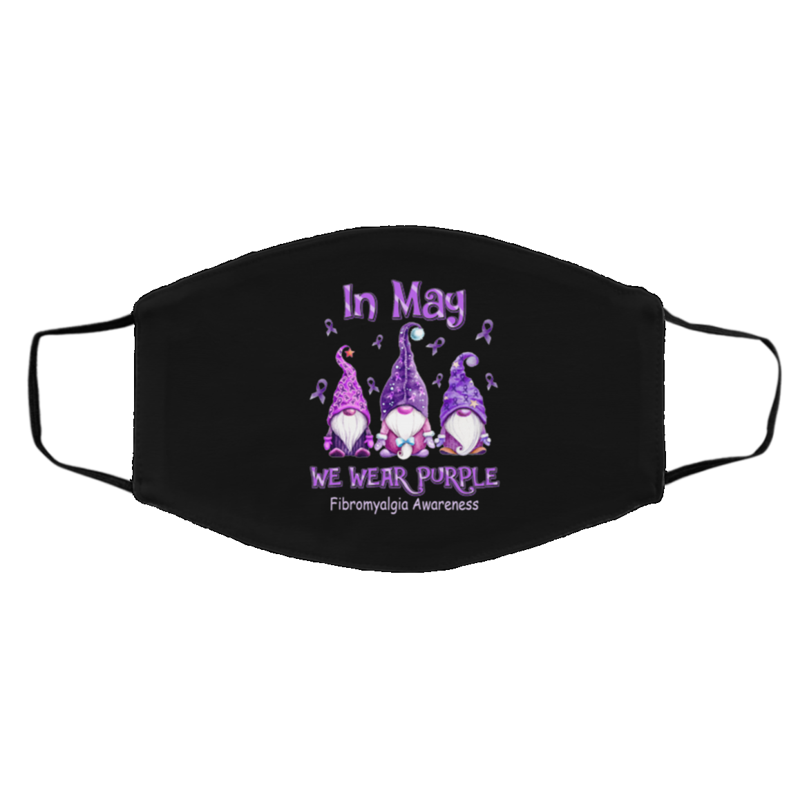 In May We Wear Purple Gnomes Ribbon Fibromyalgia Awareness Washable Reusable Custom Printed Cloth Face Mask Cover, Black, Cloth Face Cover – Medium/Large