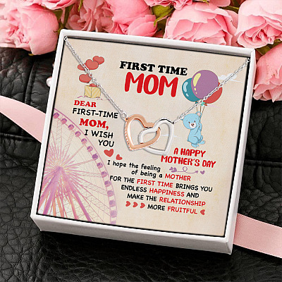 Dear First Time Mom Happy Mother's Day From Your Baby Bump Newborn Interlocking Hearts Message Card Necklace
