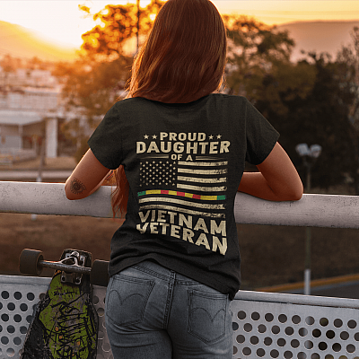 Alternative view of Proud Daughter of a Vietnam Veteran American Flag Print on Back Plaint Front T-Shirt - Veteran Day Gift Shirt