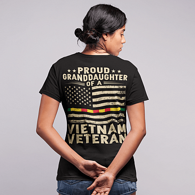 Alternative view of Proud Granddaughter of a Vietnam Veteran American Flag Print on Back T-Shirt - Veteran Day Gift Shirt