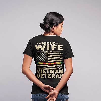 Alternative view of Vintage Proud Wife of a Vietnam Veteran American Flag T-Shirt - Vet's Family Veteran Day Gifts Tee