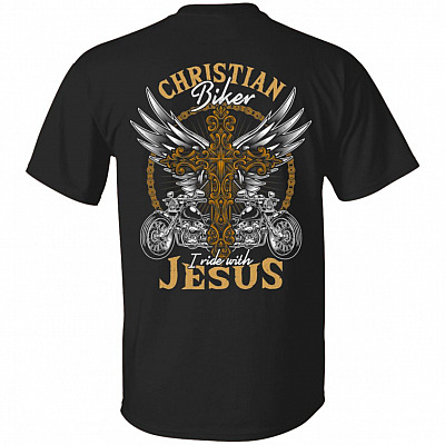 Christian Biker I Ride With Jesus Funny Biker Jesus Cross Print On Back T-Shirt Only, Black, Unisex T-Shirt