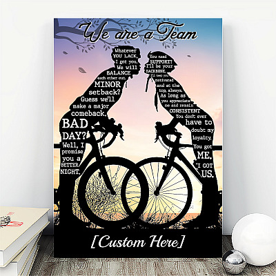 Alternative view of Personalized Kissing Biking Couple We're A Team Gallery Wrapped Framed Canvas Prints - Unframed Poster