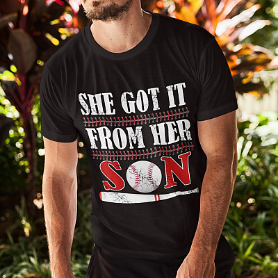 Alternative view of She Got It From Her Son Baseball T-Shirt - Funny Baseball and Softball Mom T-Shirt