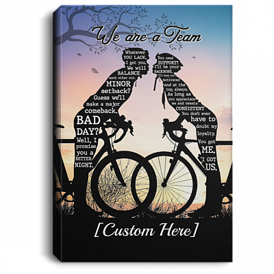 Personalized Kissing Biking Couple We're A Team Gallery Wrapped Framed Canvas Prints - Unframed Poster, White, 0.75'' Framed Canvas