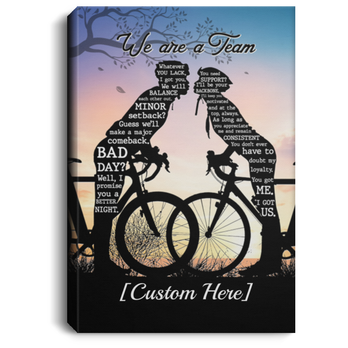 Personalized Kissing Biking Couple We're A Team Gallery Wrapped Framed Canvas Prints - Unframed Poster, White, 0.75'' Framed Canvas