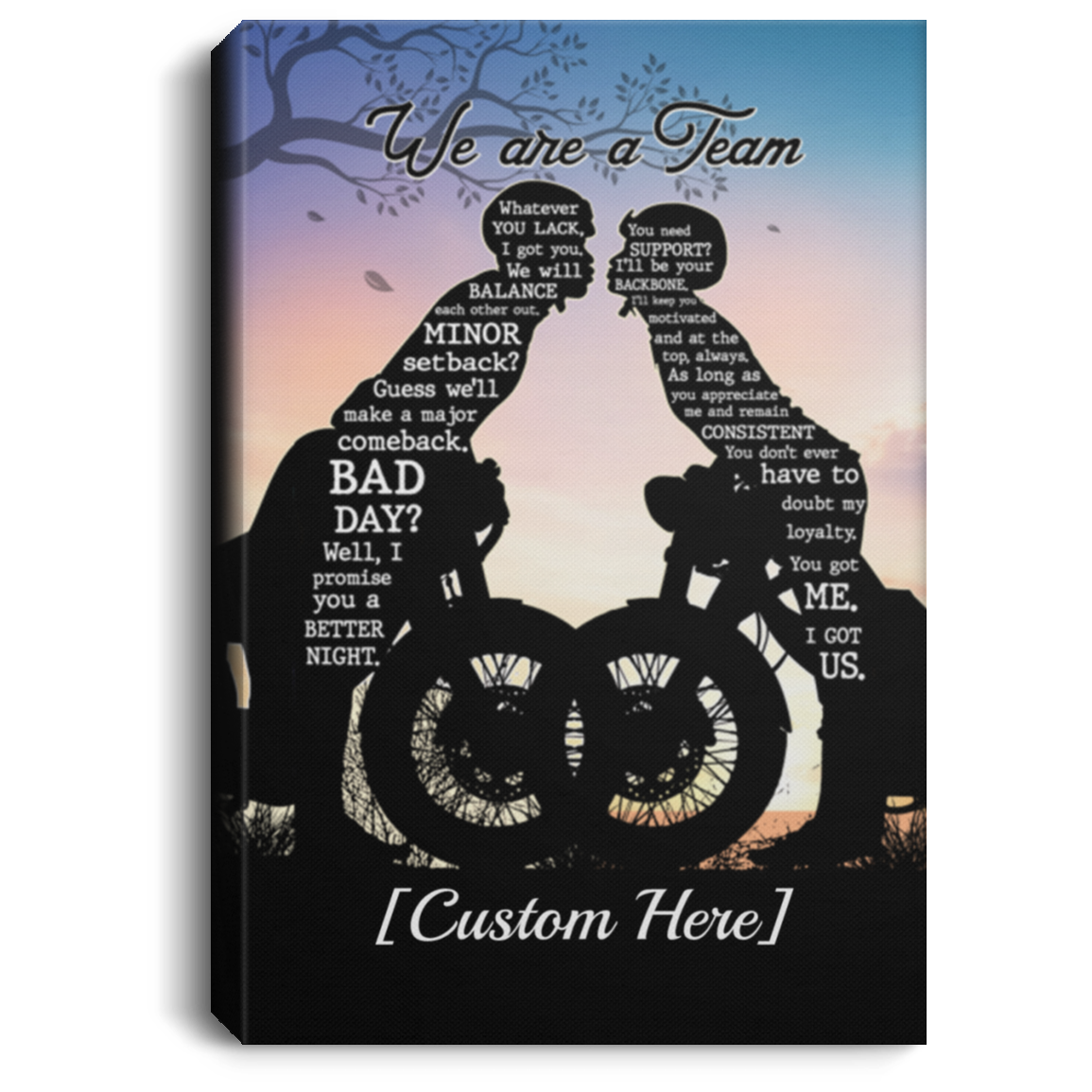 Personalized Kissing Motorcycle Couple We're A Team Gallery Wrapped Framed Canvas Prints - Unframed Poster, White, 0.75'' Framed Canvas