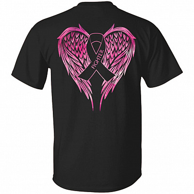 Pink Ribbon Angel Wings Fighter Breast Cancer Print on Back T-Shirt - Breast Cancer Awareness Month Gifts Shirt, Black, Unisex T-Shirt
