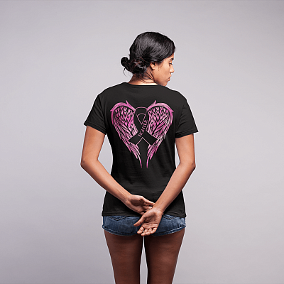 Alternative view of Pink Ribbon Angel Wings Fighter Breast Cancer Print on Back T-Shirt - Breast Cancer Awareness Month Shirt