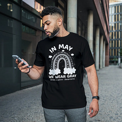 Alternative view of Rainbow In May We Wear Gray Brain Cancer Awareness T-shirt - V-neck - Cancer Awareness Grey Ribbon Shirt