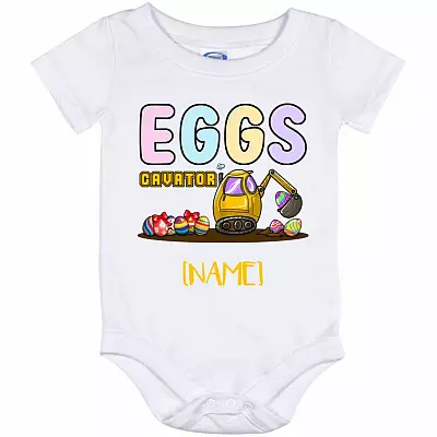 Personalized Eggs-Cavator, White, Baby Onesie - 12 Month