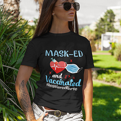 Alternative view of Masked And Vaccinated RN Nurse 2021 T-shirt - V-neck - Nurse Quarantine Healthcare Worker Shirt