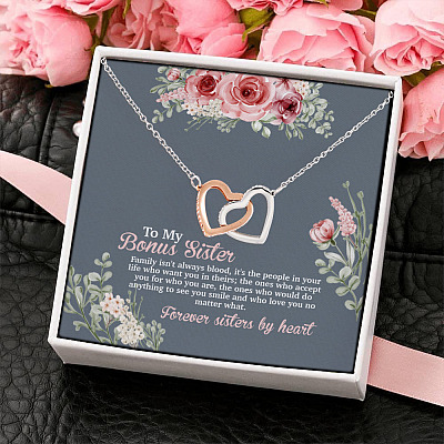 Alternative view of To My Bonus Sister Family Isn't Always Blood Joined Interlocking Hearts Pendant Necklace - Sister In Law Gifts