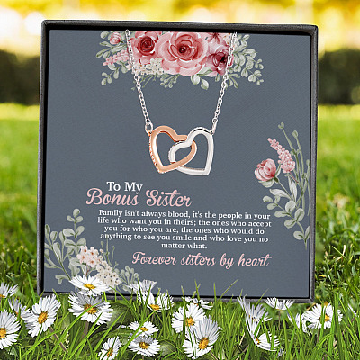 To My Bonus Sister Family Isn't Always Blood Joined Interlocking Hearts Pendant Necklace - Sister In Law Gifts