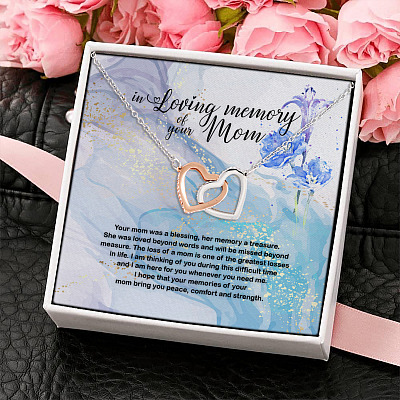 In Loving Memory of Your Mom Was a Blessing Her Memory a Treasure Interlocking Hearts Pendant Necklace