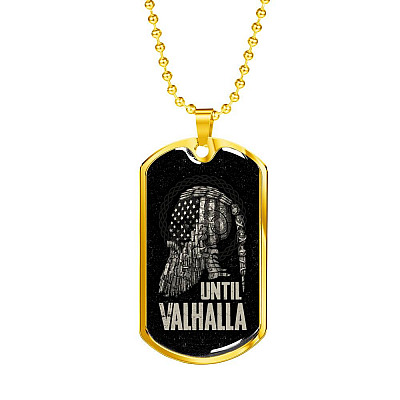 Until Valhalla Viking Dog Tag Necklace - Skull American Flag Norse Viking Dog Tag Necklace - Dog Tag (Gold Plated)