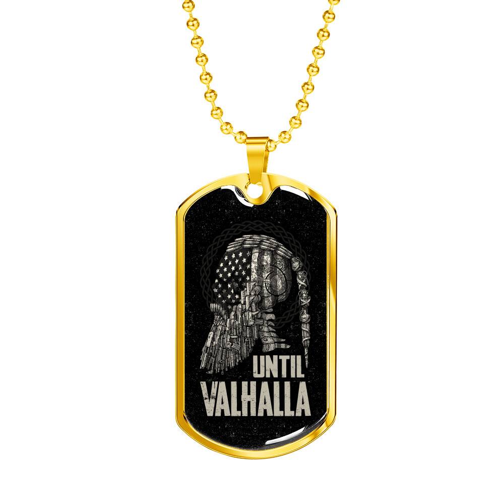 Until Valhalla Viking Dog Tag Necklace - Skull American Flag Norse Viking Dog Tag Necklace - Dog Tag (Gold Plated)
