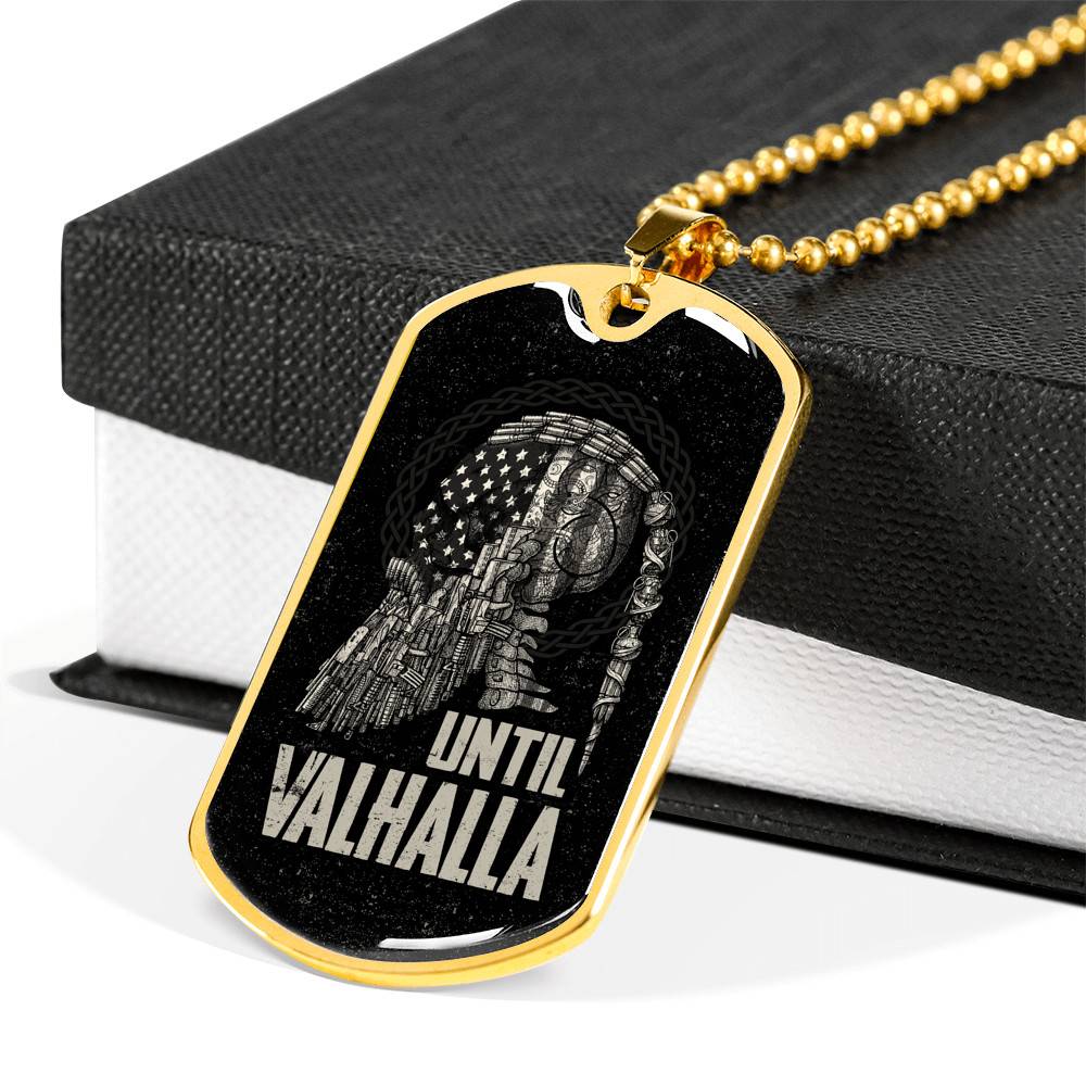 Until Valhalla Viking Dog Tag Necklace - Skull American Flag Norse Viking Dog Tag Necklace - Dog Tag (Gold Plated)