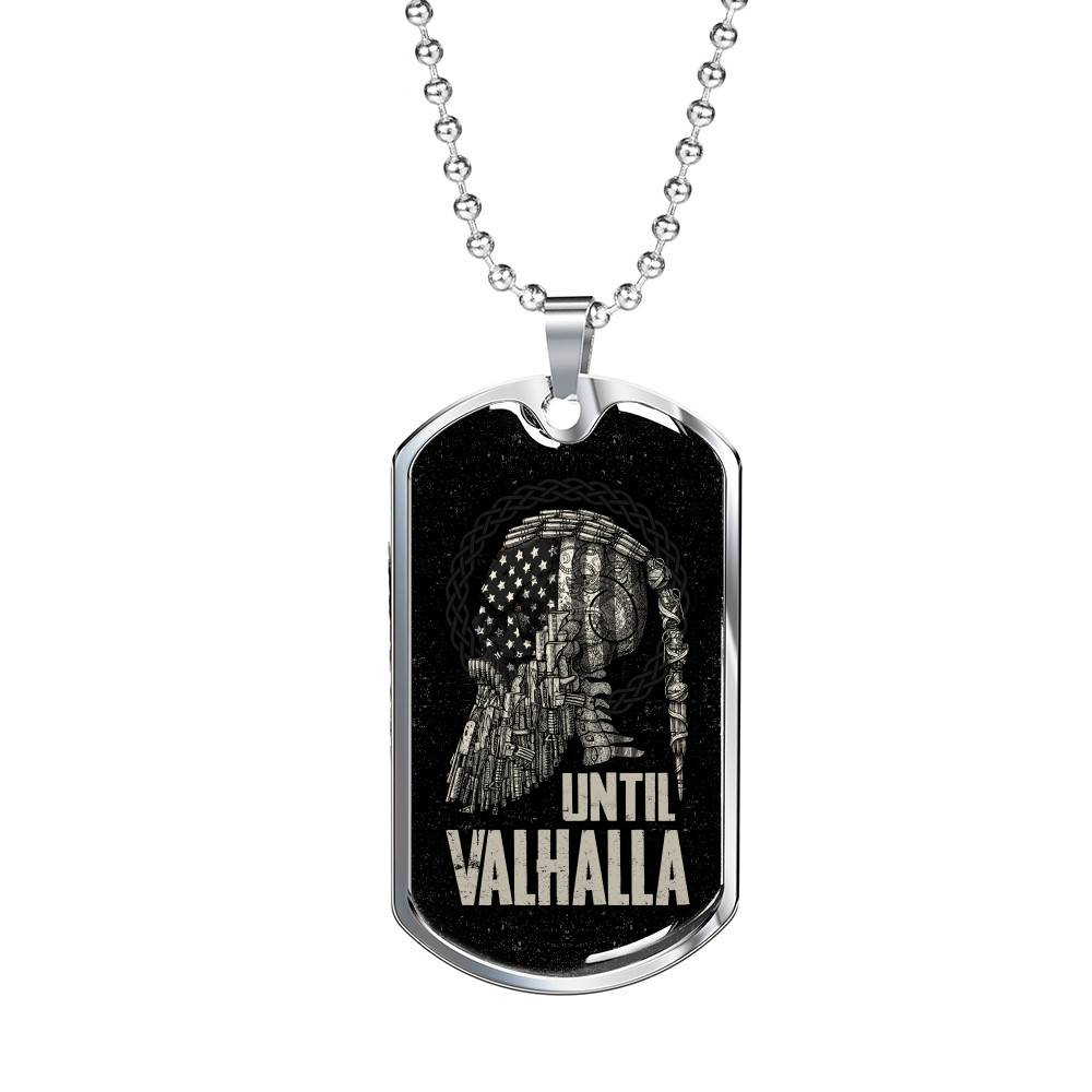 Until Valhalla Viking Dog Tag Necklace - Skull American Flag Norse Viking Dog Tag Necklace - Dog Tag (Silver)