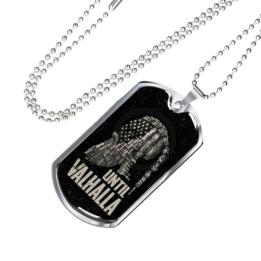 Until Valhalla Viking Dog Tag Necklace - Skull American Flag Norse Viking Dog Tag Necklace - Dog Tag (Silver)