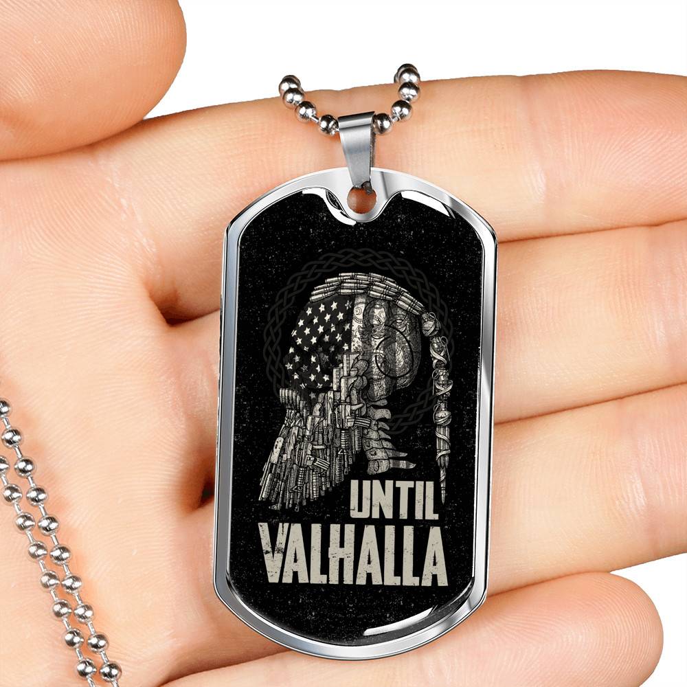 Until Valhalla Viking Dog Tag Necklace - Skull American Flag Norse Viking Dog Tag Necklace - Dog Tag (Silver)