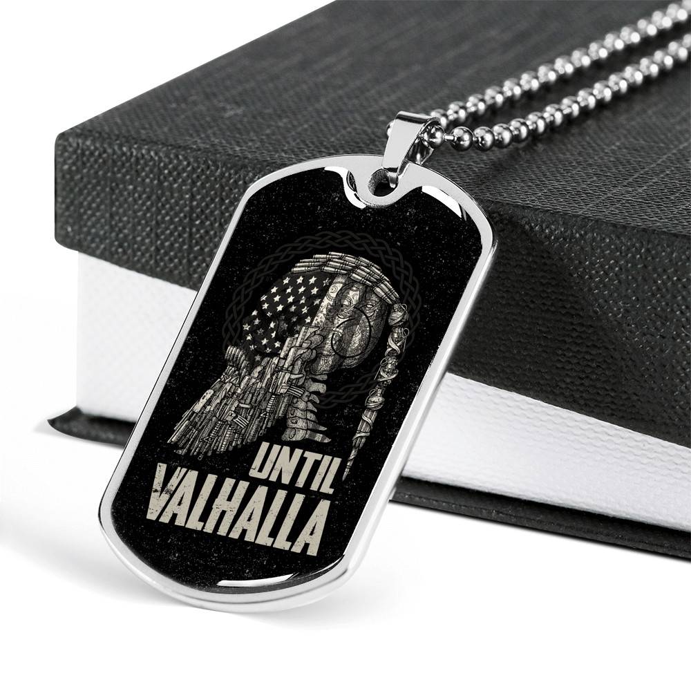 Until Valhalla Viking Dog Tag Necklace - Skull American Flag Norse Viking Dog Tag Necklace - Dog Tag (Silver)