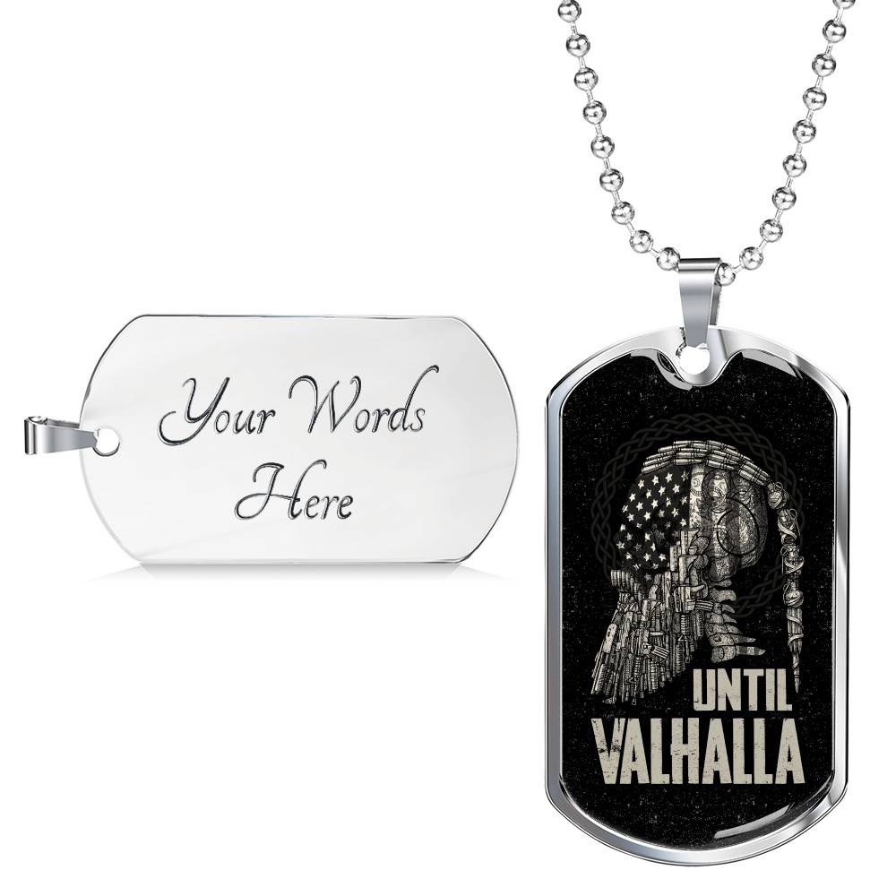 Until Valhalla Viking Dog Tag Necklace - Skull American Flag Norse Viking Dog Tag Necklace - Dog Tag (Silver)