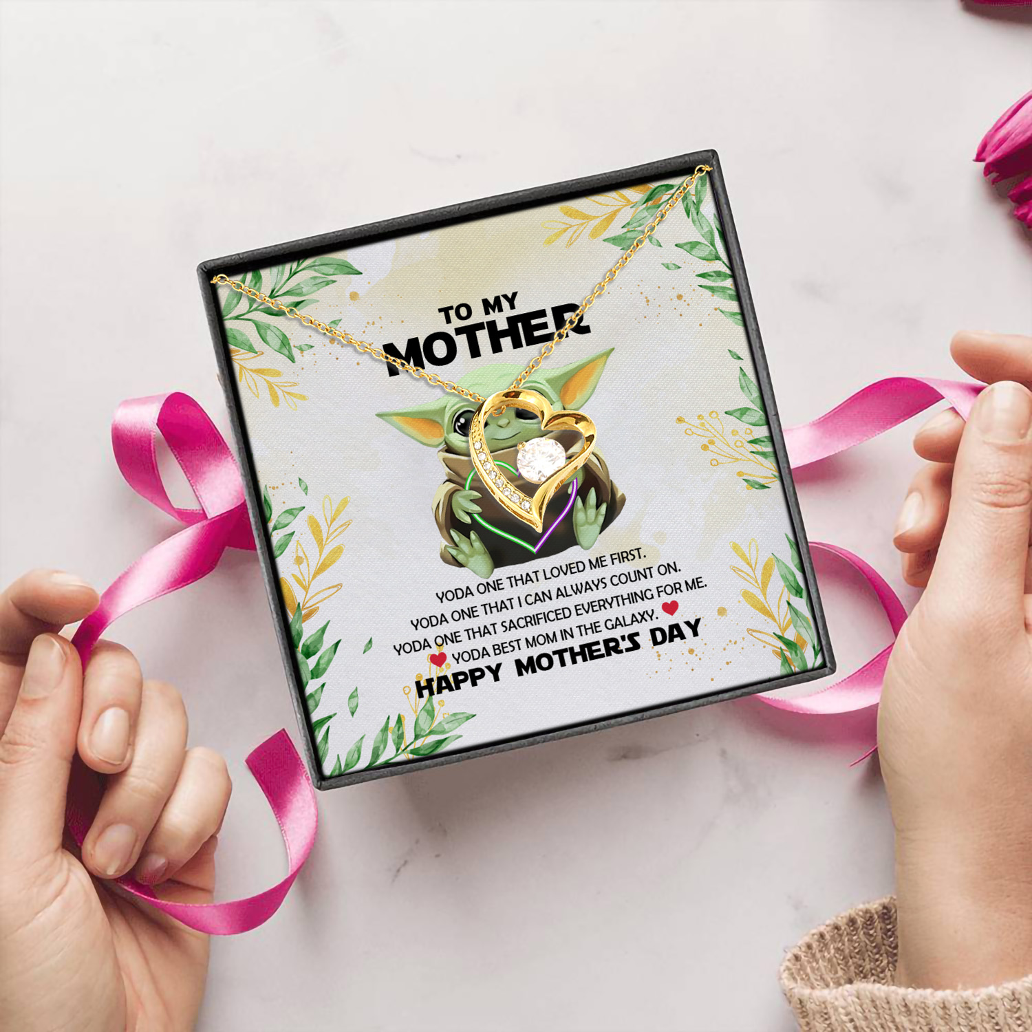 35 HG uu tien. To My Mom Yoda Baby - Message Card Forever Love Necklace (Gold) 5