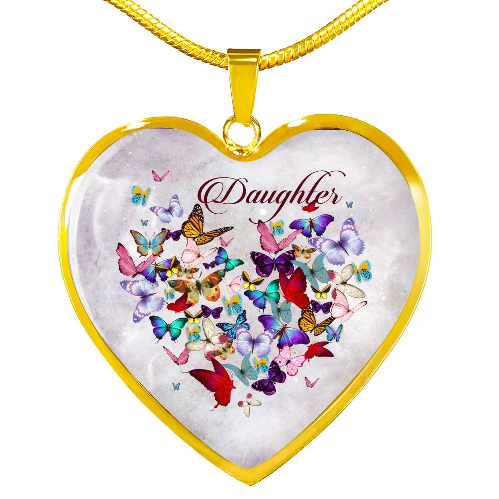 Colorful Butterfly Daughter Heart Pendant Necklace - Daughter Gift Necklace - Heart Luxury Necklace (Gold Plated)